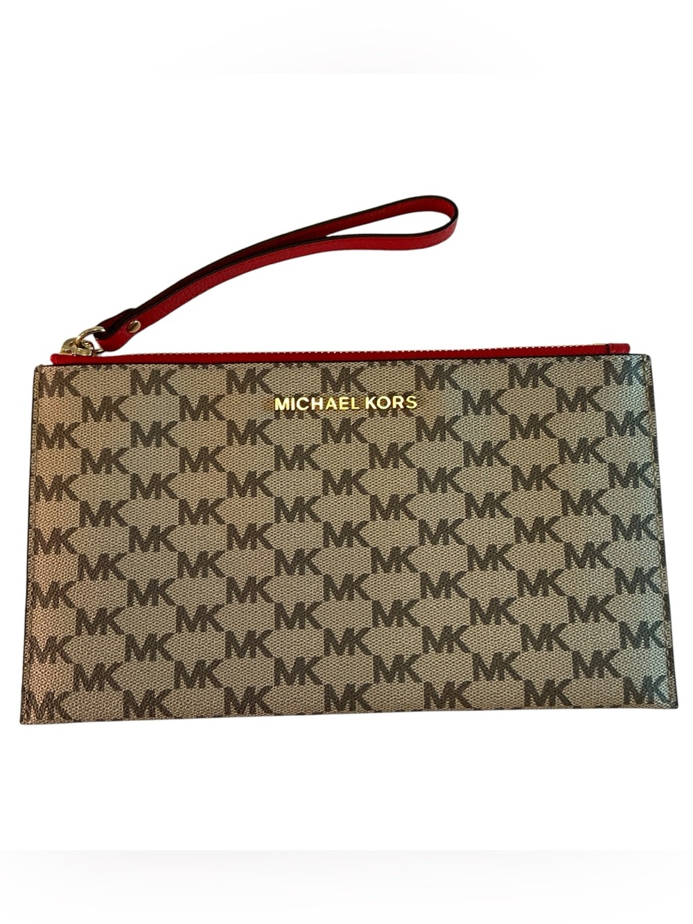 Michael Kors Large Zip Clutch Wristlet Jet Set MK Logo Natural/Acorn Beige/Red